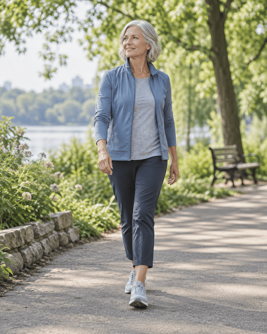 Older adult walking comfortably outdoors